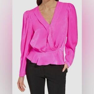 Dkny Hot Pink Surplice V-Neck Shirred Shoulder Peplum Top